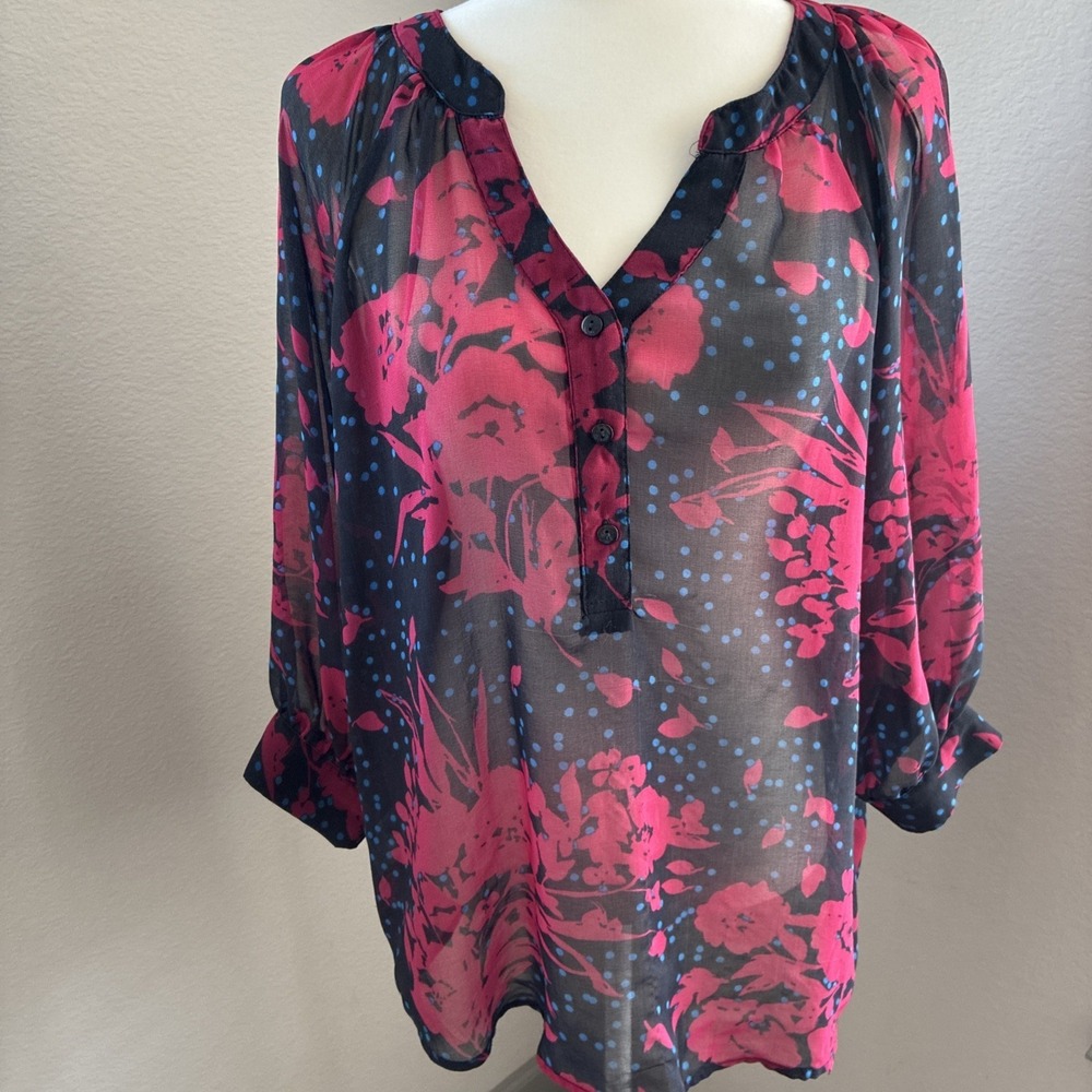 Olivia Moon Women's Sheer Long Sleeve Top Large Floral Art to Wear Whimsigoth